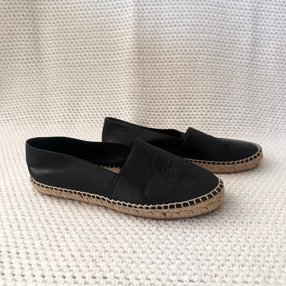 Kenzo Black Leather Embossed Tiger Spain Woven Espadrille Flats 39 Women Summer